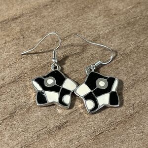 Vintage 90s Y2K Silver Tone Black White Colorblock Star Hook Earrings
